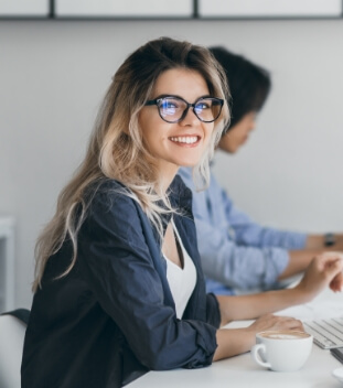 Attractive Laughing Freelancer Woman Posing With Cup Coffee Her Workplace Chinese Student Blue Shirt Works With Document Campus With Blonde Friend Glasses